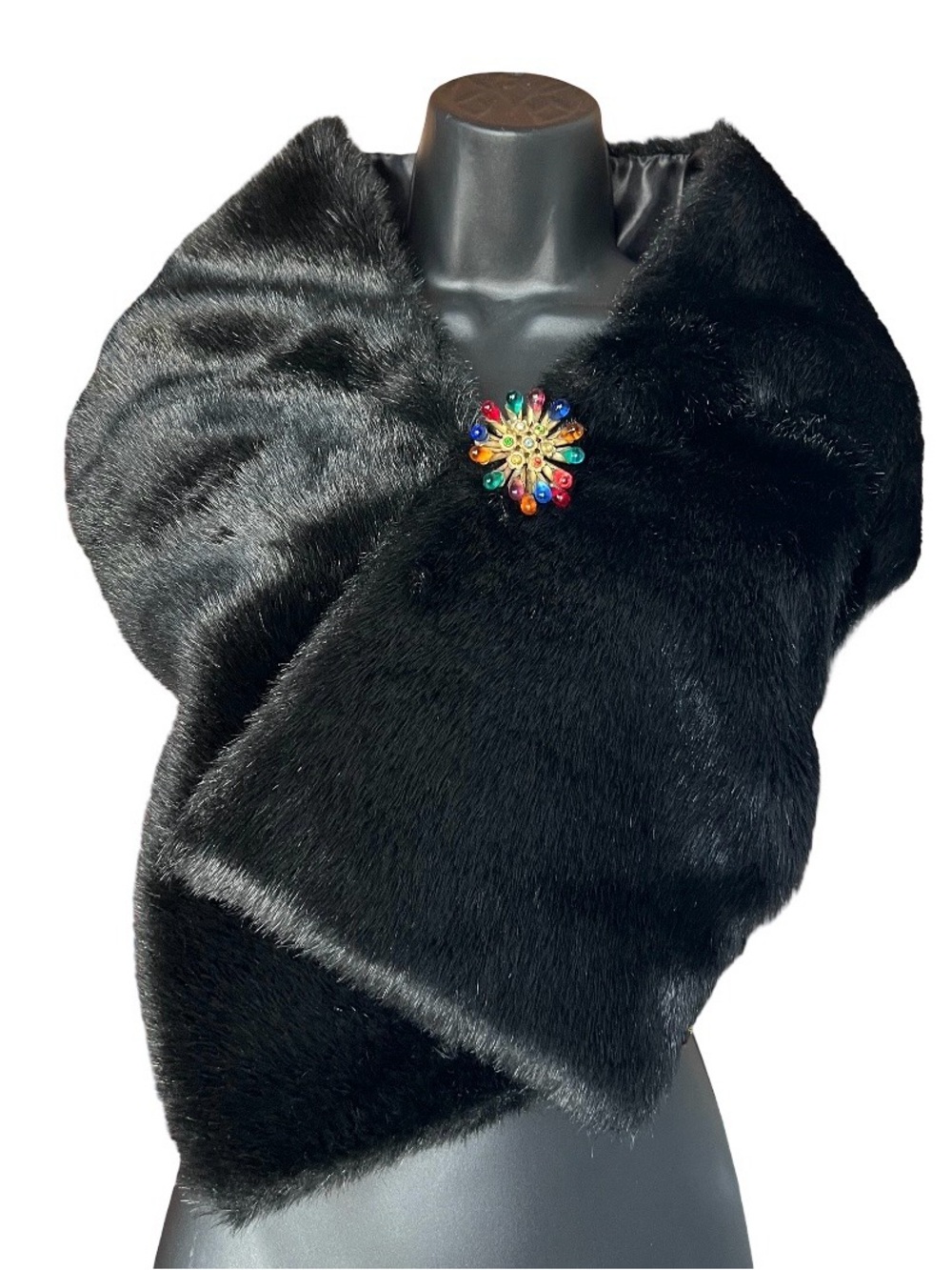 Fabulous Black Faux Fur Stole/Shawl with Vintage Sunburst Fur Clip Brooch!
